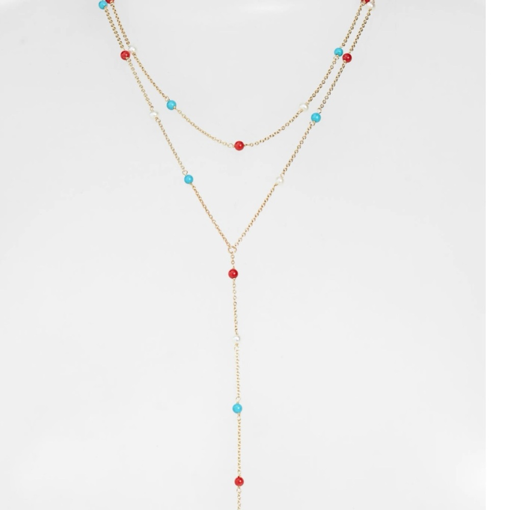 Chic Gold Layered Necklace with Red and Blue Beads